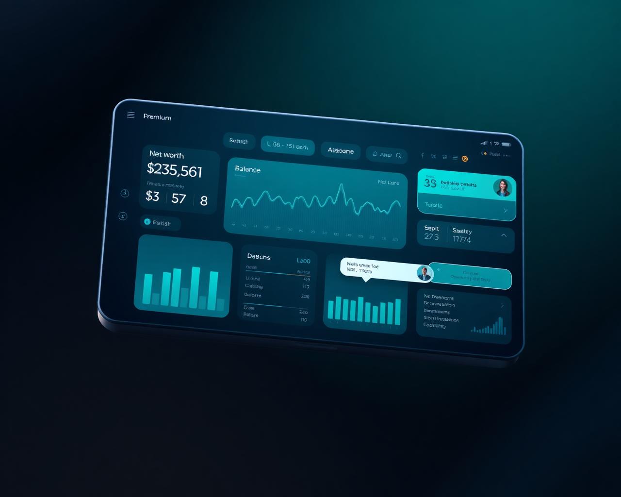AI-FOS dashboard showing net worth, balance charts and an AI assistant